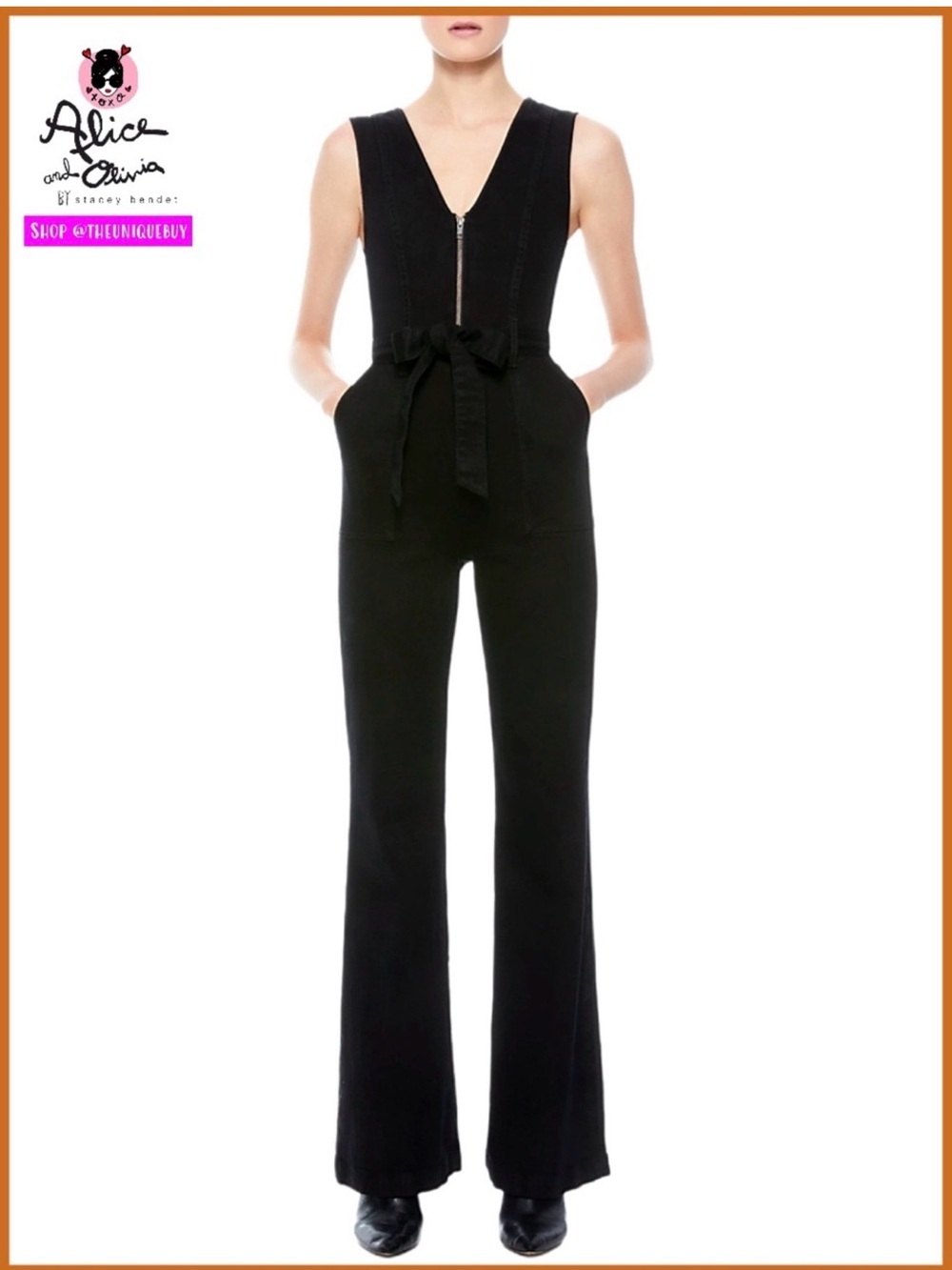 Alice + Olivia Black Sleeveless V‑Neck Zip Front Flare Jumpsuit